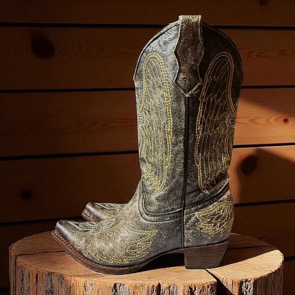 Corral Western Boots Teens Distressed Brown Angel Wing Embroidered Sz 5T - Picture 1 of 9
